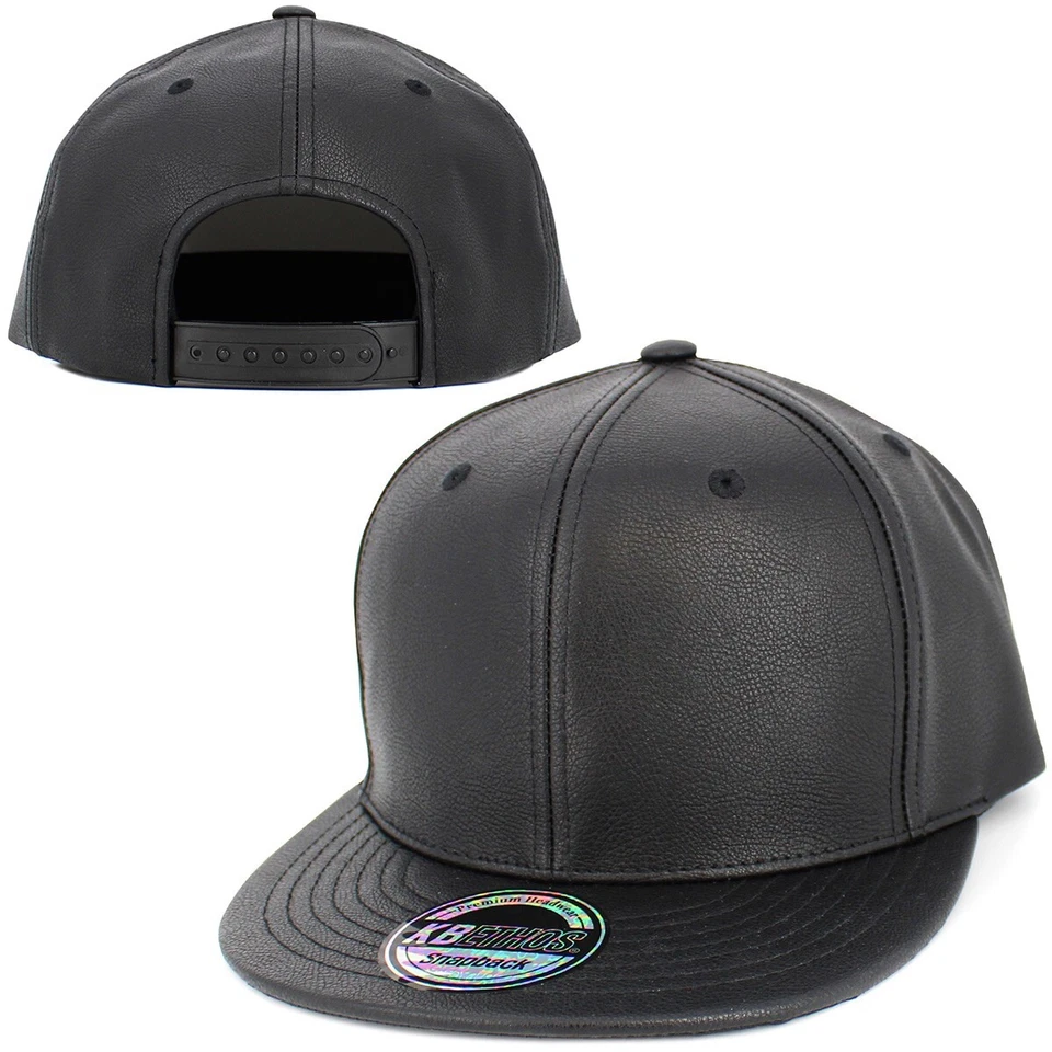 6 Panel PU Leather Flat Brimmed Snapback Baseball Cap Hat Adjustable Polyester - Image 1 of 1