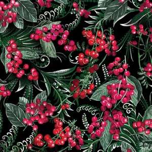 Winterberry Floral cotton quilt fabric Benartex 14020P12B Berries Black - Picture 1 of 6
