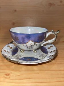 Enesco Japan Teetasse & Untertasse irisierend Bone China Standfuß lila - Bild 1 von 11