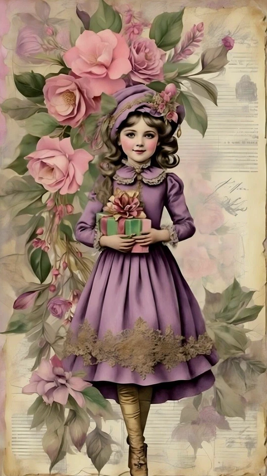 Niña navideña púrpura victoriana con rosas #2 - Edredón 6x10 o bloque de tela de algodón Foto 1 de 1