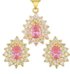 Yellow gold finish pearcut tourmaline and created diamond necklace and earrings - Picture 1 of 2