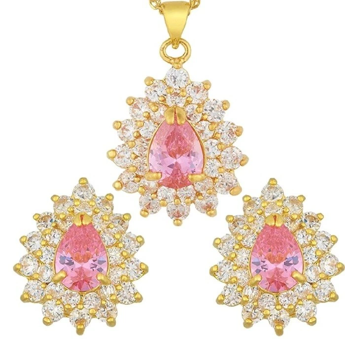 Yellow gold finish pearcut tourmaline and created diamond necklace and earrings  - Image 1 of 2