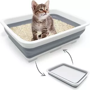 Fhiny Open Cat Litter Box, Kitten Potty Pan Semi-Enclosed Small, Large, Grey - Picture 1 of 6