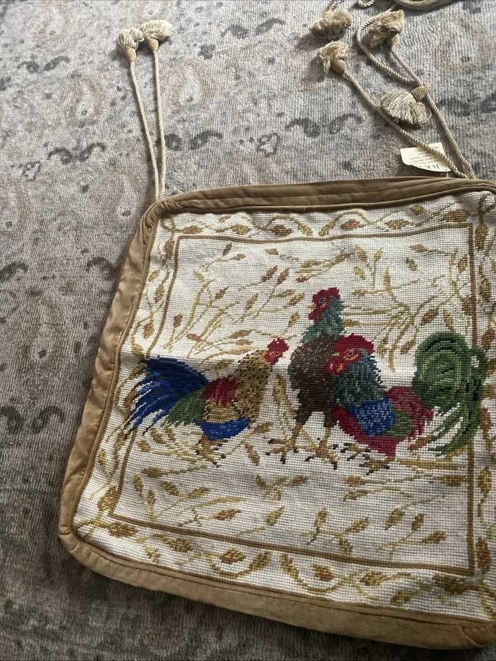 vintage needlepoint pillow cover Chair Pad Roosters French Country Tassels Squat - Image 1 of 4