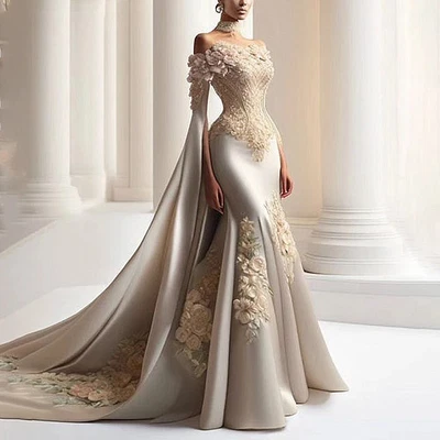 Elegant Long 3D Flowers Wedding Dresses for Women Satin Floor-Length Mermaid  - Image 1 of 4