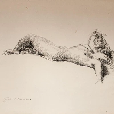 Frauenakt liegend Jugendstil Paul Herrmann Henri Héran sign Lithografie um 1900 - Bild 1 von 3