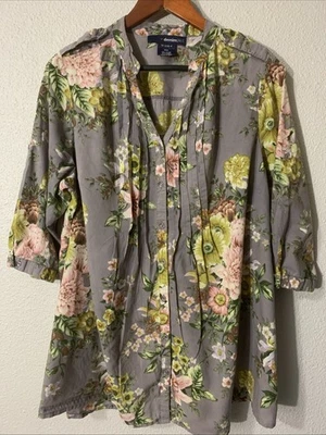 Camisa para mujer DENIM 24/7 con botones algodón lila floral manga 3/4 talla 16W Foto 1 de 4