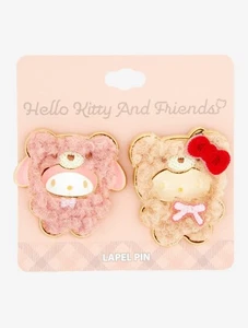 🧸 Hello Kitty & My Melody Latte Bear Fuzzy Enamel Pin 2-Piece Set Sanrio  New - Picture 1 of 3