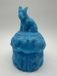 Vintage Blue Akro Agate Powder Puff Scottie Dog Milk Glass Lidded Dish - Picture 1 of 15