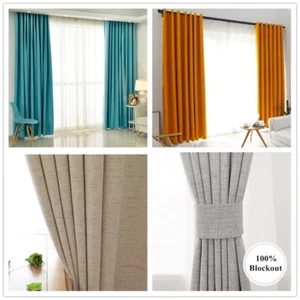Premium 100% Blockout Blackout Linen Eyelet Curtain Drape Blinds Grey Blue - Picture 1 of 16