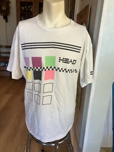 1980s Vintage HEAD Sportswear Tennis T-Shirt Colorful Block Logo XL USA Nice - Picture 1 of 11
