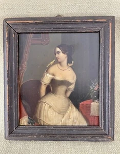 1820-40 Retrato en miniatura sobre panel de hojalata, mujer y pájaro, arte popular - Imagen 1 de 6