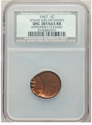 ER011 1967 1C Lincoln Cent -- Struck 60% Off Center -- NCS UNC Details RB - Image 1 of 2
