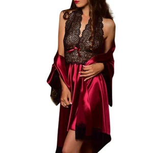 Sexy Conjunto de Lencería Ropa de Dormir Camisón Bata Sexy para Mujer Vestido Satén Seda Encaje - Imagen 1 de 12
