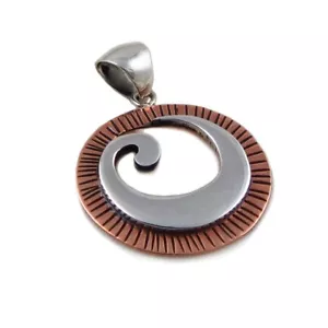 Ciondolo in rame argento sterling 925 metalli misti massicci design onda ciondolo ovale - Foto 1 di 7