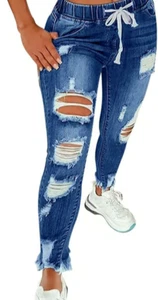 Women High Waist Skinny Stretch Ripped Jeans Destroyed Denim Pants - Picture 1 of 1
