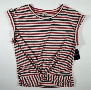 LUCKY BRAND Womens Top Medium Red White Blue Americana Knotted Hem T Shirt - Picture 1 of 15
