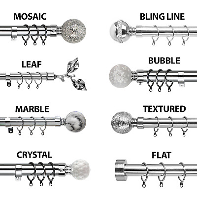 Metal Curtain Pole Extendable Chrome 28mm Rings Brackets Fittings Finials • 7.14£