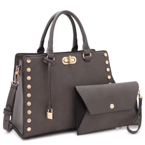 Womens Classic Medium Satchel Top Handle Tote Work Handbags with Matching Clutch - Picture 1 of 56