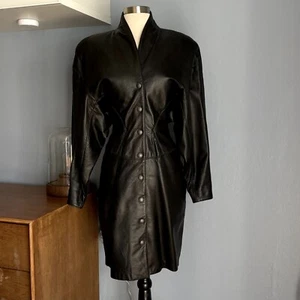 Vtg 80's Michael Hoban Leather Dress Front Snaps Pencil Bat-wing Sleeve XS/S - Picture 1 of 8