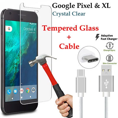 Tempered Glass screen protector for Google Pixel XL + Type C charger data cable - Image 1 of 4