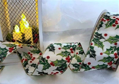 HOLLY & BERRIES Ivory Cream Sateen Christmas - Luxury Wire Edge Ribbon 63mm - Image 1 of 4