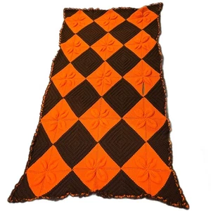 Vtg Afghan Blanket Throw 3d Flower Clover Brown Orange 41x79" Fall Retro 70s 80s - Picture 1 of 6
