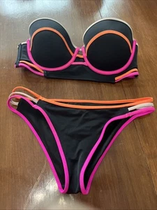 Victoria Secret Bikini Set Black Pink Orange Bottom SP Top 34c - Picture 1 of 5