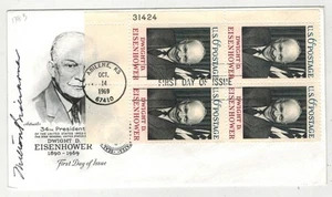 DT 1969 DWIGHT EISENHOWER 1383 PLATE # BLOCK FDC SIGNED BY SON MILTON - Picture 1 of 1