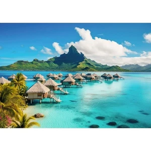 Fototapete-VLIES-BUNGALOWDORF-(C15326)-Tapete-Nach-Mass-Tropisch Insel Palme XXL - Bild 1 von 6