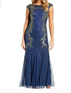 NWT Pisarro Nights Evening Gown Navy heavy gold Beaded Floral flowy mermaid - Picture 1 of 8