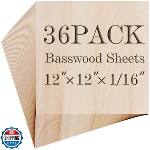 Balsa Wood Sheet, 36Pack Plywood Sheets, Basswood Sheets 12X12X1/16 Inch, Unf - Picture 1 of 5
