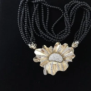 Vintage Butler 5th Avenue Collection Necklace Gold Tone Flower Black Beads #18 - Picture 1 of 11