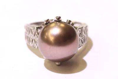 18k White Gold Large Black Pearl Diamond Gemstone Ring Womens estate 9.8g Size 7 - Image 1 of 4