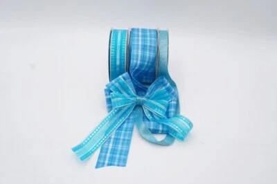 Valentines Day Sale 1.5"& 3/8"x25YD+3/8"20YD Blue Checkered & Polka Dots Ribbon - Image 1 of 4