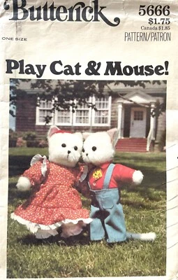 1970's Butterick Play Cat&Mouse,Stuffed Animals Pattern 5666 Size 15" UNCUT - Image 1 of 2