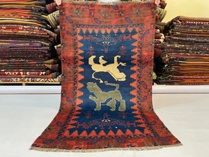 Blue Red Antique Pictorial Rug 3x5 Handmade Animal Print Afghan Balouch Wool Rug - Foto 1 di 17