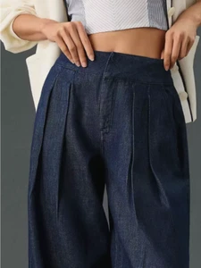 ~~ANTHROPOLOGIE Pilcro Porto 31 Pantalones de mezclilla plisados tiro alto cónicos azul oscuro bolsillo - Imagen 1 de 21