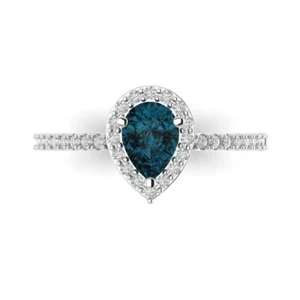 0.755Ct Pear Cut Natural London Blue Topaz Engagement Ring, 14K White Gold - Picture 1 of 11