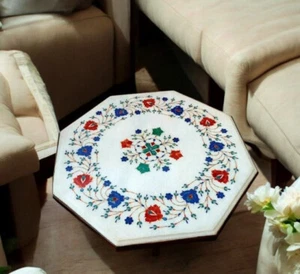 Mesa de centro de mármol blanco de 24" con incrustaciones florales de marquetería de varias piedras arte decoración del hogar - Imagen 1 de 8