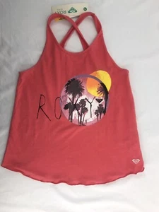 Roxy Girl Cross Back Tank Size M (10/12) Coral Palm Tree Sunset On Front NWT - Picture 1 of 8