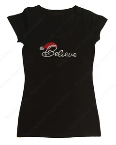 Women's Rhinestone T-Shirt " Believe with Santa Hat " S,M,L,XL,2X,3X Christmas - Picture 1 of 8