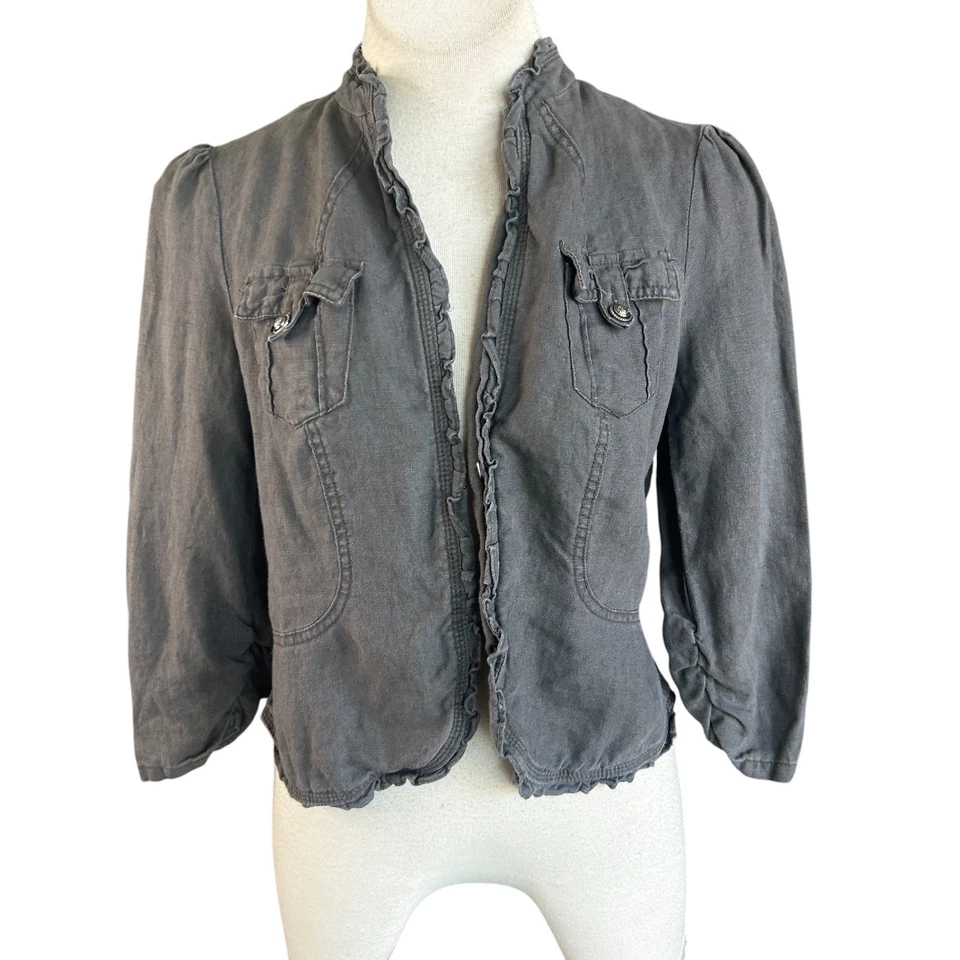 Chaqueta informal INC International Concepts gris con volantes grunge 100 % lino mediana Foto 1 de 4