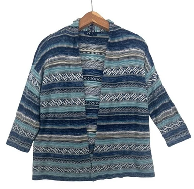 Chaps 女式开衫 M 码娇小蓝色条纹西南波西米亚 3/4-Slv 毛衣针织 — 第 1/4 张图片
