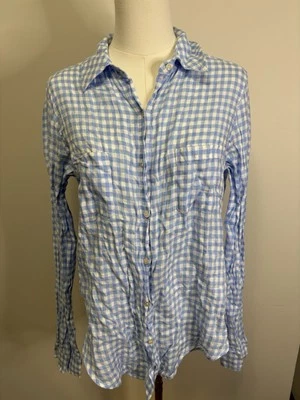 Mujer Lilly Pulitzer Pequeño Lino Azul Y Blanco Guinga Manga Larga Abotonada Foto 1 de 4