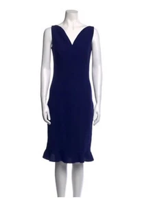oscar de la renta New Solid Royal Blue Silk V Neck Tank Knee Length Dress 2 Xs - Picture 1 of 7