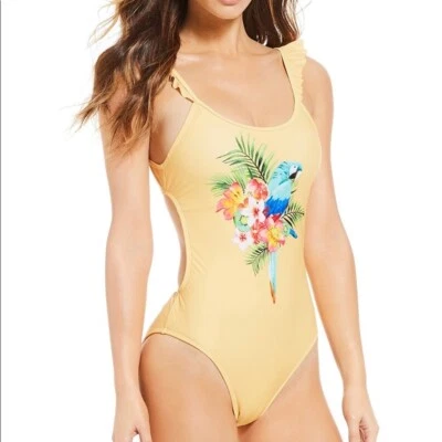 GB Gianni Bini Paradise 纯色荷叶边连体泳衣,M 码 — 第 1/4 张图片