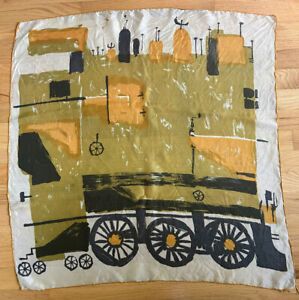 Vintage Old Train Caboose Mid Century Modern Abstract Yellow Green Scarf 29”x30”