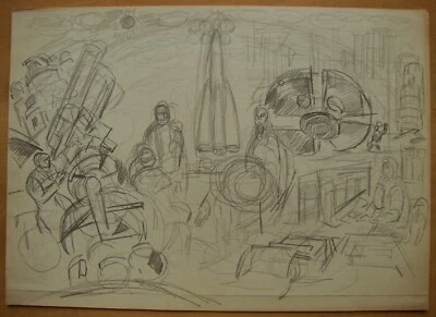 Ucraniano Soviético URSS lápiz dibujo realismo cubismo figura cohete espacial boceto Foto 1 de 3