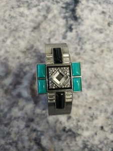 Lia Sophia Art Deco Novelle Hinged Cuff Bracelet Silver Rhinestone & Turquoise  - Picture 1 of 9